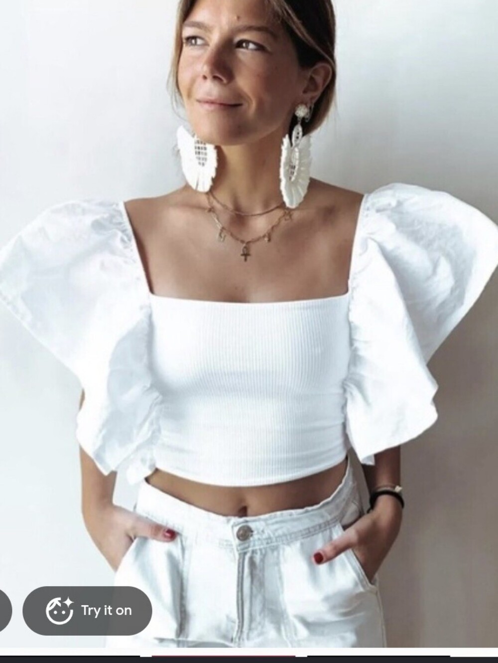 Zara White Ribbed Square-Neck Puff-Sleeve Crop Top